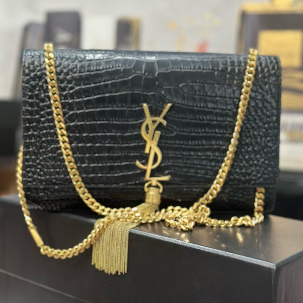 Black Crocodile-Embossed Bag with Gold Chain by Yves Saint Laurent
